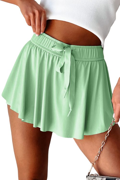 Women's Light Green Drawstring High Waist Lined Tennis Skorts - Stylish & Comfortable for Sports