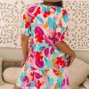 Women's Rose Red Floral Bubble Sleeve V Neck Tiered Ruffle Babydoll Dress for Summer Vacations - Image 2
