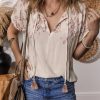 Women's Jet Stream Geometric Embroidered Short Sleeve Blouse with Tassel Tie - Image 3