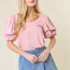 Women's Light Pink Scoop Neck Bubble Sleeve Tee - Trendy Casual Top - Image 5