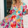 Women's Rose Red Floral Bubble Sleeve V Neck Tiered Ruffle Babydoll Dress for Summer Vacations - Image 9