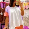 Women's Beige Colorblock Patchwork V Neck High Low T-Shirt with Exposed Seams - Image 3