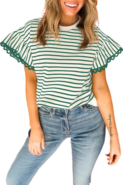 Women's Green Stripe Ruffle Short Sleeves Crewneck Top with Scallop Lace Trim