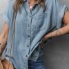 Women's Dusk Blue Folded Short Sleeve Denim Shirt with Patched Pocket - Image 6