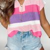Women's Pink Color Block Notch V Neck Short Sleeve Sweater T-Shirt - Image 2