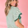 Women's Green Stripe Ruffle Short Sleeves Crewneck Top with Scallop Lace Trim - Image 2