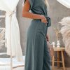 Women's Blue Dolman Sleeve Button Belted V Neck Wide Leg Jumpsuit with Pockets - Image 3