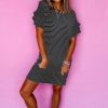 Women's Black Stripe Ruffled Short Sleeve Crew Neck T-Shirt Mini Dress - Image 5