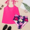 Women's Rose Red Floral Print Tie Shoulder Tankini Set for Beach Days - Image 8