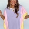 Women's Purple Color Block Oversized Half Sleeve T-Shirt with Pocket - Image 2