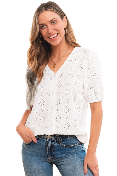Women's Elegant White Lace Puff Sleeve V Neck Button Up Blouse