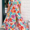 Women's Rose Red Floral Knot Puff Sleeve V Neck Buttoned Front Split Lace Maxi Dress - Image 12