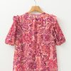 Chic Women's Red Floral Print Ruffled Puff Short Sleeve Blouse - Image 8