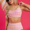 Women's Pink Gingham 3-Piece High Waist Bikini Set with Sarong - Image 7