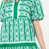Women's Bright Green Abstract Patterned V Neck Mini Dress with Puff Short Sleeves - Image 5
