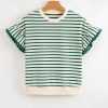 Women's Green Stripe Ruffle Short Sleeves Crewneck Top with Scallop Lace Trim - Image 6