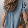 Women's Dusk Blue Folded Short Sleeve Denim Shirt with Patched Pocket - Image 3