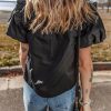Women's Black Ruffled Puff Short Sleeve Loose Blouse - Casual Summer Top - Image 2