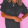 Women's Black Stripe Ruffled Short Sleeve Crew Neck T-Shirt Mini Dress - Image 2
