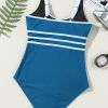 Women's Dark Blue Colorblock U Neck One Piece Swimwear with Contrast Trim - Image 10