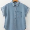 Women's Dusk Blue Folded Short Sleeve Denim Shirt with Patched Pocket - Image 7