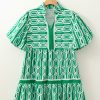 Women's Bright Green Abstract Patterned V Neck Mini Dress with Puff Short Sleeves - Image 6