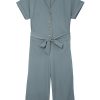 Women's Blue Dolman Sleeve Button Belted V Neck Wide Leg Jumpsuit with Pockets - Image 16