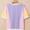 Women's Purple Color Block Oversized Half Sleeve T-Shirt with Pocket - Image 7