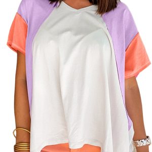 Women's Beige Colorblock Patchwork V Neck High Low T-Shirt with Exposed Seams