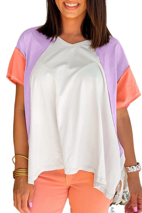 Women's Beige Colorblock Patchwork V Neck High Low T-Shirt with Exposed Seams