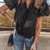 Women's Black Ruffled Puff Short Sleeve Loose Blouse - Casual Summer Top - Image 3
