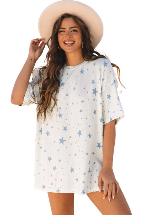 Stylish Sky Blue Stars Print Drop Shoulder Oversized T-Shirt with Slits