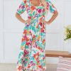Women's Rose Red Floral Knot Puff Sleeve V Neck Buttoned Front Split Lace Maxi Dress - Image 7