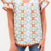 Women's Green Geometric Floral Print Layered Flutter Sleeve V Neck Blouse with Ric Rac Trim - Image 6