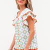 Women's Green Geometric Floral Print Layered Flutter Sleeve V Neck Blouse with Ric Rac Trim - Image 3