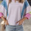 Women's Purple Stripe Floral Color Block Raw Edge Patchwork Blouse with Bracelet Sleeves - Image 2