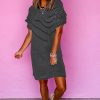 Women's Black Stripe Ruffled Short Sleeve Crew Neck T-Shirt Mini Dress - Image 6