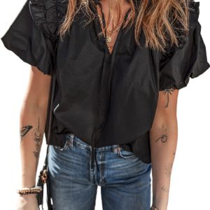Women's Black Ruffled Puff Short Sleeve Loose Blouse - Casual Summer Top