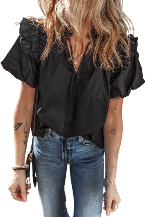 Women's Black Ruffled Puff Short Sleeve Loose Blouse - Casual Summer Top