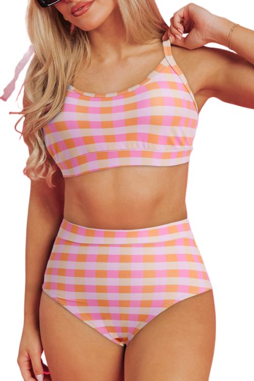 Women's Pink Gingham 3-Piece High Waist Bikini Set with Sarong