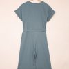 Women's Blue Dolman Sleeve Button Belted V Neck Wide Leg Jumpsuit with Pockets - Image 8