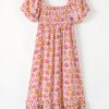 Women's Pink Floral Ruffle Midi Dress with Square Neckline and Knotted Back - Image 8