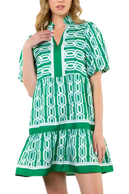 Women's Bright Green Abstract Patterned V Neck Mini Dress with Puff Short Sleeves
