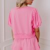 Women's Pink Contrast Bow Trim Pearl Puff Sleeve Blouse and Skort 2-Piece Set - Image 2