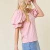 Women's Light Pink Scoop Neck Bubble Sleeve Tee - Trendy Casual Top - Image 3