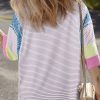Women's Purple Stripe Floral Color Block Raw Edge Patchwork Blouse with Bracelet Sleeves - Image 3