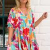 Women's Rose Red Floral Bubble Sleeve V Neck Tiered Ruffle Babydoll Dress for Summer Vacations - Image 8