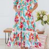 Women's Rose Red Floral Knot Puff Sleeve V Neck Buttoned Front Split Lace Maxi Dress - Image 8