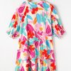 Women's Rose Red Floral Bubble Sleeve V Neck Tiered Ruffle Babydoll Dress for Summer Vacations - Image 15