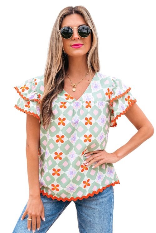 Women's Green Geometric Floral Print Layered Flutter Sleeve V Neck Blouse with Ric Rac Trim
